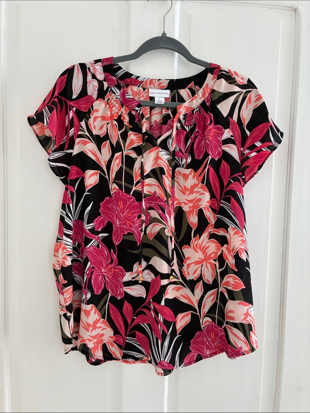 Liz Claiborne Black Floral Tie-Front Blouse with Pink and Coral Flowers